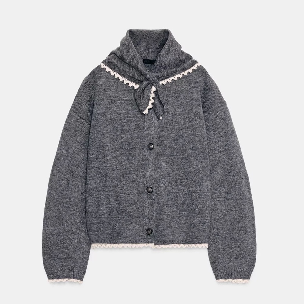 Zara Bandana Lace Cardigan Grey Marl NWT